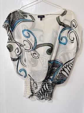 le chateau| Vintage Art Nouveau White Blue Black Sheer Smocked Blouse Sz XXS